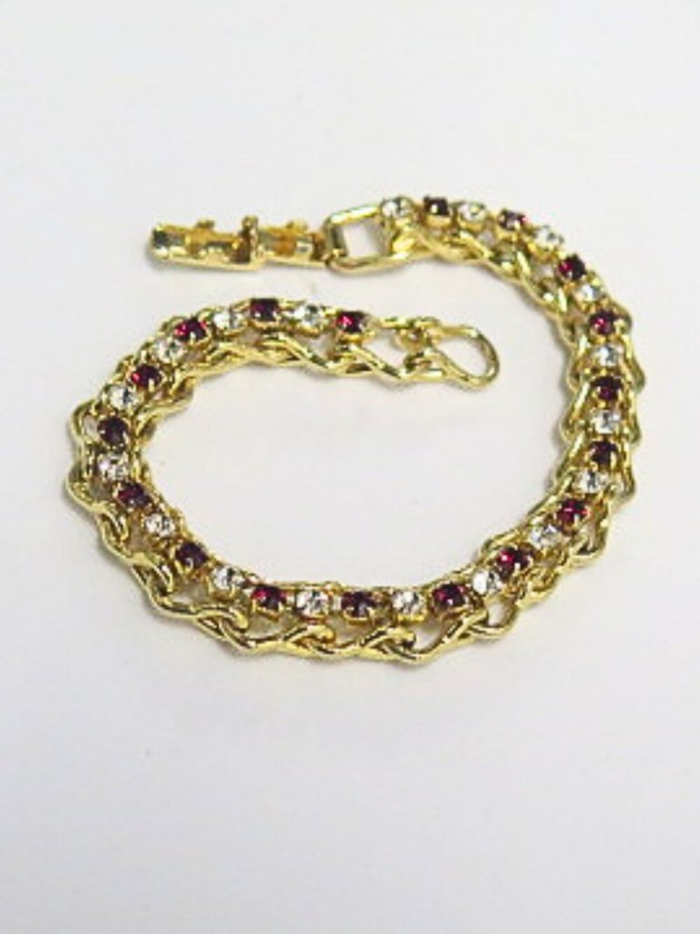 Vintage Red Clear Rhinestone Gold Tone Link Bracelet Christmas Holiday Party